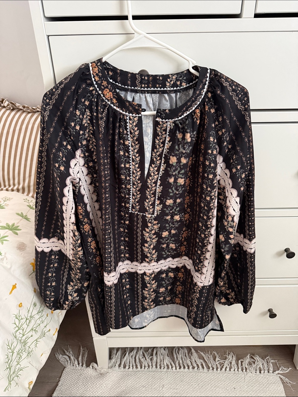 SHEIN Black Floral Peasant Blouse with Pink Trim